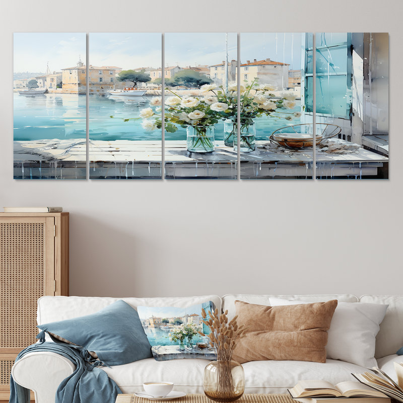 «Blue Window Beachfront View Blooms II - Coastal Windows», art mural sur toile 5 pièces, H 32 po x l 80 po