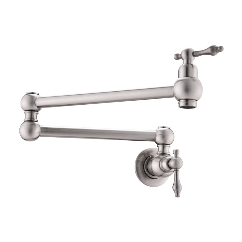 Brushed Nickel Pot Filler Faucet For Kitchen, Wall Mount With Foldable Feature, Double Handles Controlled Water Flow, Corrosion Construction Mounted In Nickel, 360 Rotation And Foldable, Consistent