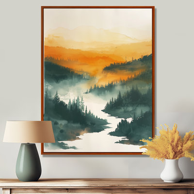 Orange vert forêt sauvage au coucher du soleil IV - forêt, art mural salon