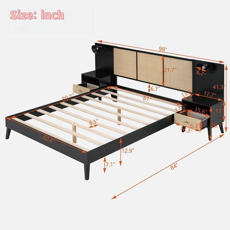 Colaluca Bed With 2 Nightstands And 2 Lamps, Rattan And Wood Combination, Black