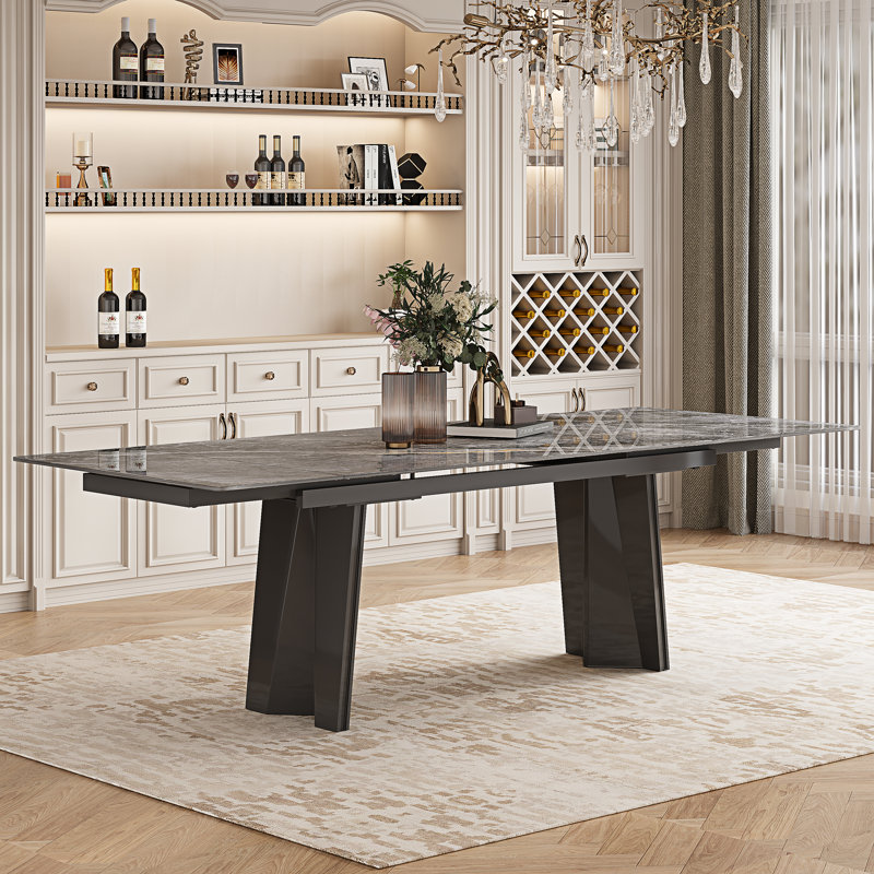 Table de salle à manger rectangulaire extensible en pierre frittée, de 160 à 240 cm, pour 8 à 10 personnes, avec double pied central en métal.