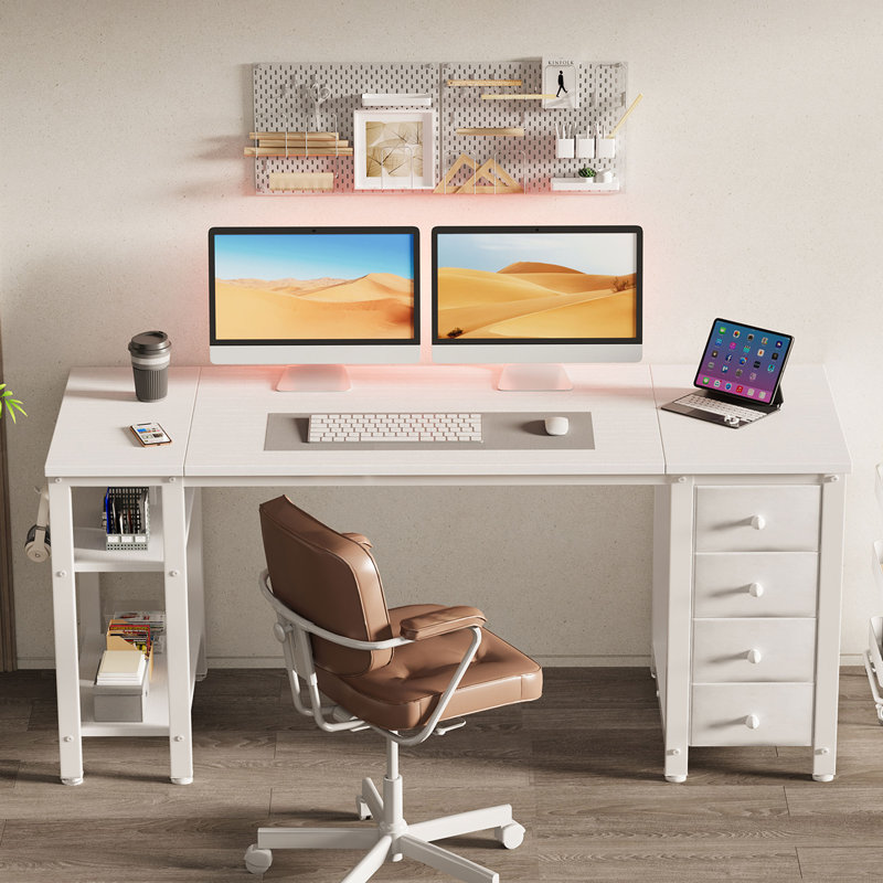 Bureau rectangulaire avec tiroirs et tablettes de rangement, Blanc, H 29,5 po x l 55,12 po x P 18,9 po