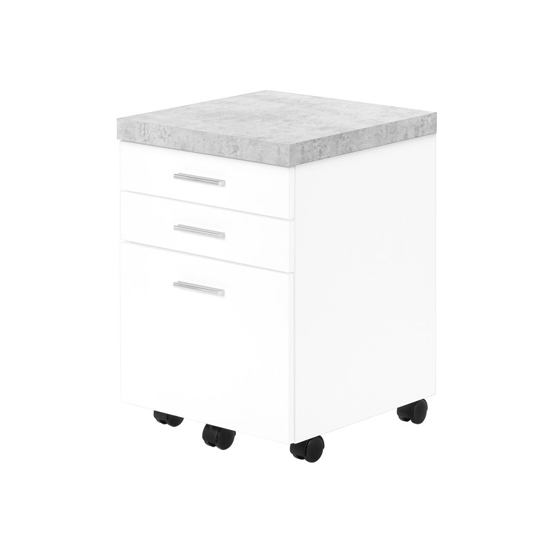 Classeur à roulettes moderne avec rangement et tiroirs, rangement à roulettes en stratifié gris blanc