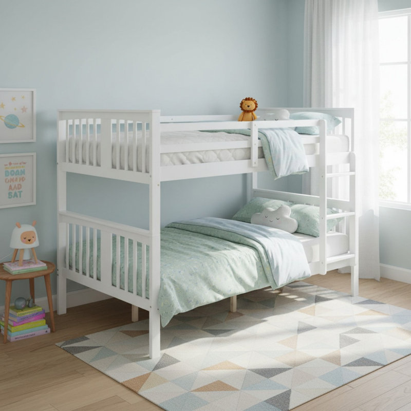 Lit superposé double en bois massif avec échelle pour chambre à coucher, Blanc