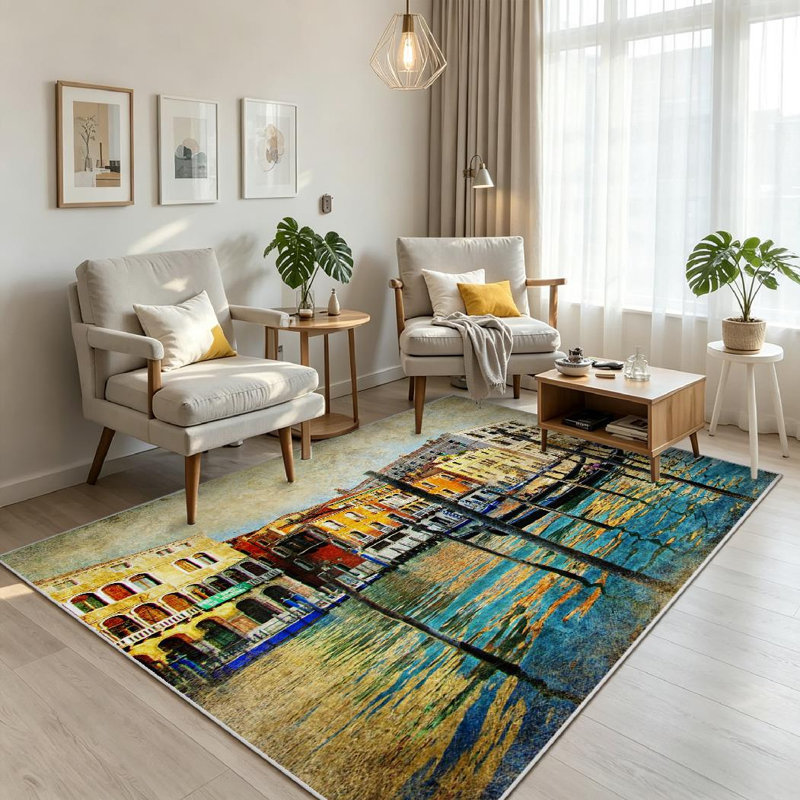 Tapis transparent lavable à la machine, romantique, artistique et rétro Venise, Rectangle 71 po x 98 po