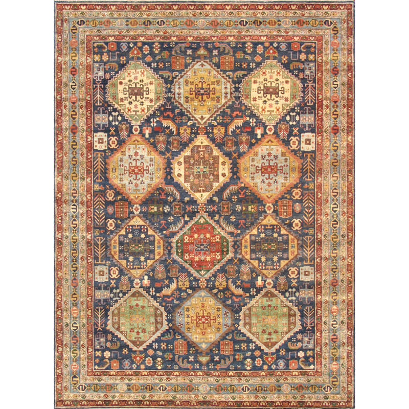 Tapis bleu marine / bleu / rouge / ivoire en laine noué à la main Serapi