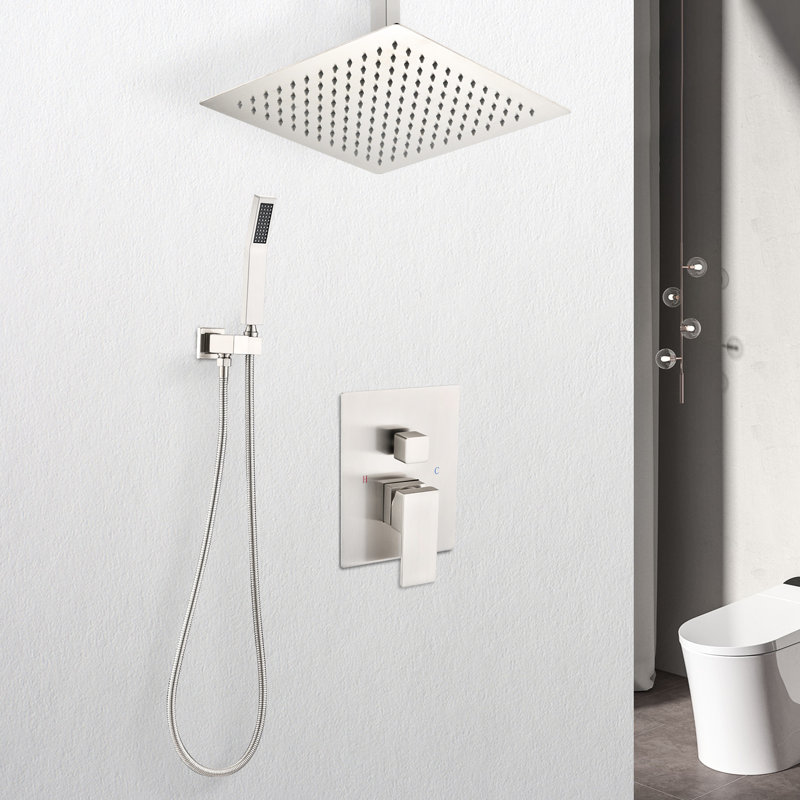 Brushed Nickel Ceiling Mounted Shower - 16" Head & Handheld, Brass Construction And Handheld Nickel, Made, Brushed Nickel