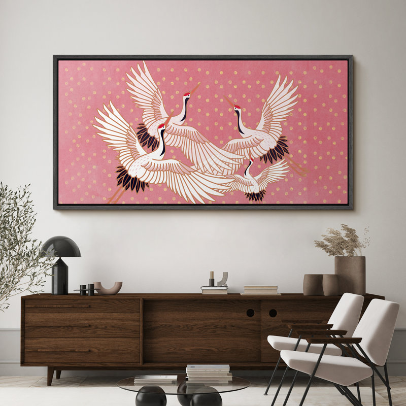«Bright Preppy Animals Elegant Cranes In Flight», reproduction sur toile encadrée, H 30 po x l 60 po, Noir, noir, noir, noir