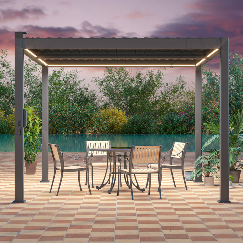 Pergola moderne en aluminium avec persiennes réglables, lumières DEL et charge solaire, pour balcon, terrasse et jardin