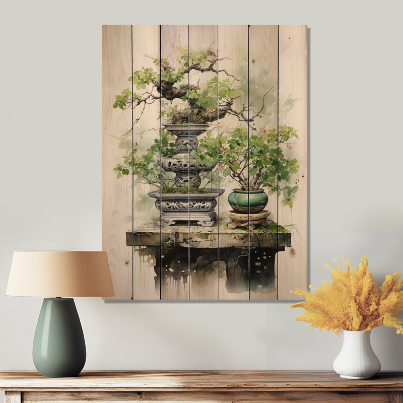 «Japon Art Meditation Green Bonsai III», reproduction sur bois naturel, H 40 po x l 30 po x P 0,78 po