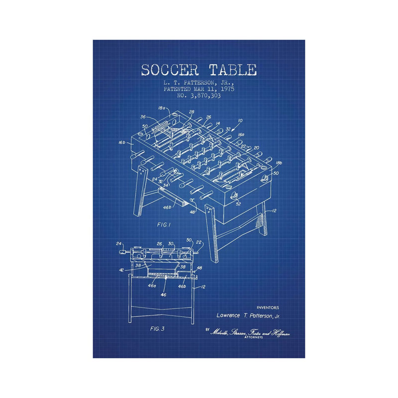 L.T. Patterson, Jr. Soccer Table Patent Sketch (Blue Grid) by Aged Pixel - Wrapped Canvas Print