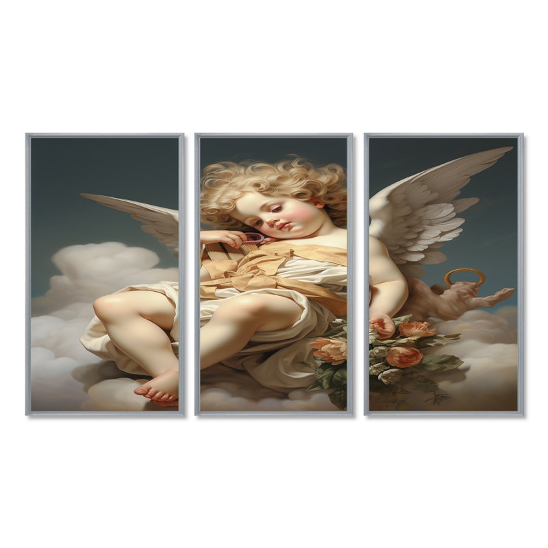 Eawood - Wings Angel Wall Art Set, Silver Floater Framed, 40" H x 60" W x 1" D
