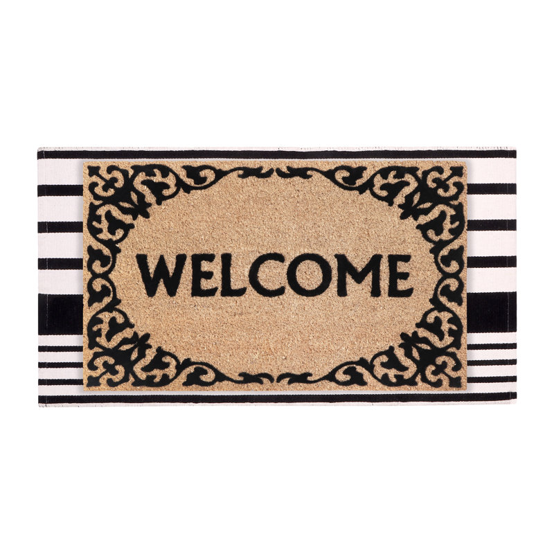 Ensemble de tapis 100% fibre de coco à rayures noires et blanches - Motif floral de bordure noire, 24 po x 36 po et 24 po x 51 po, support en PVC antidérapant robuste