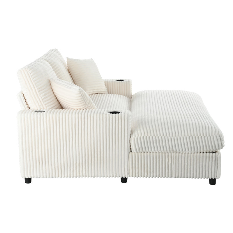 64" Corduroy Sleep Sofa Chair with USB Ports & Cup Holders, White