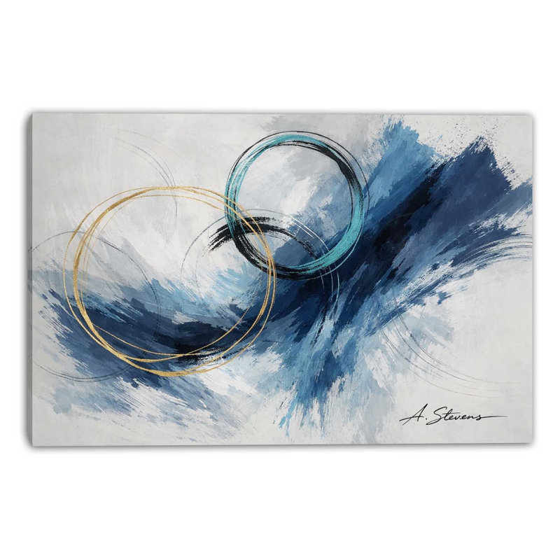 Blue Abstract Geometric Circle Wrapped Canvas Wall Art with Gold Accents, Modern Contemporary Wall Decor