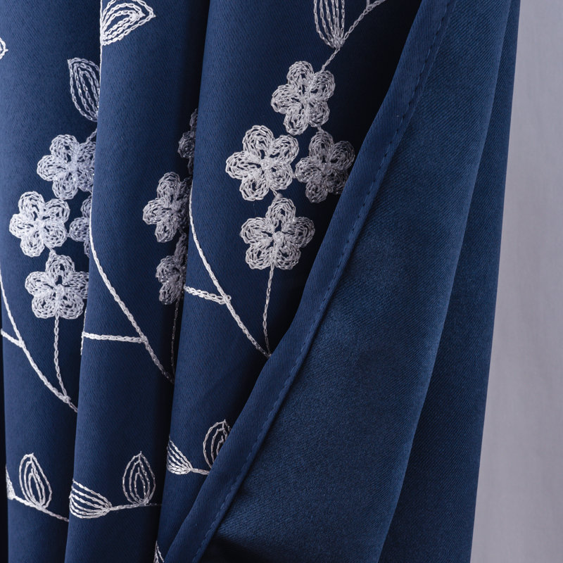 Bonilla Flowers Embroidered Floral Privacy Window Curtain, Navy, 54" W x 95" L