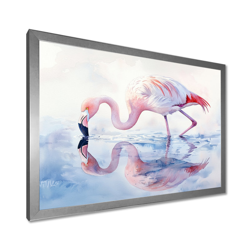 Flamingo Reflections - Art mural flamant pour salon, Argent argent, Cadre simple, H 12 po x l 20 po