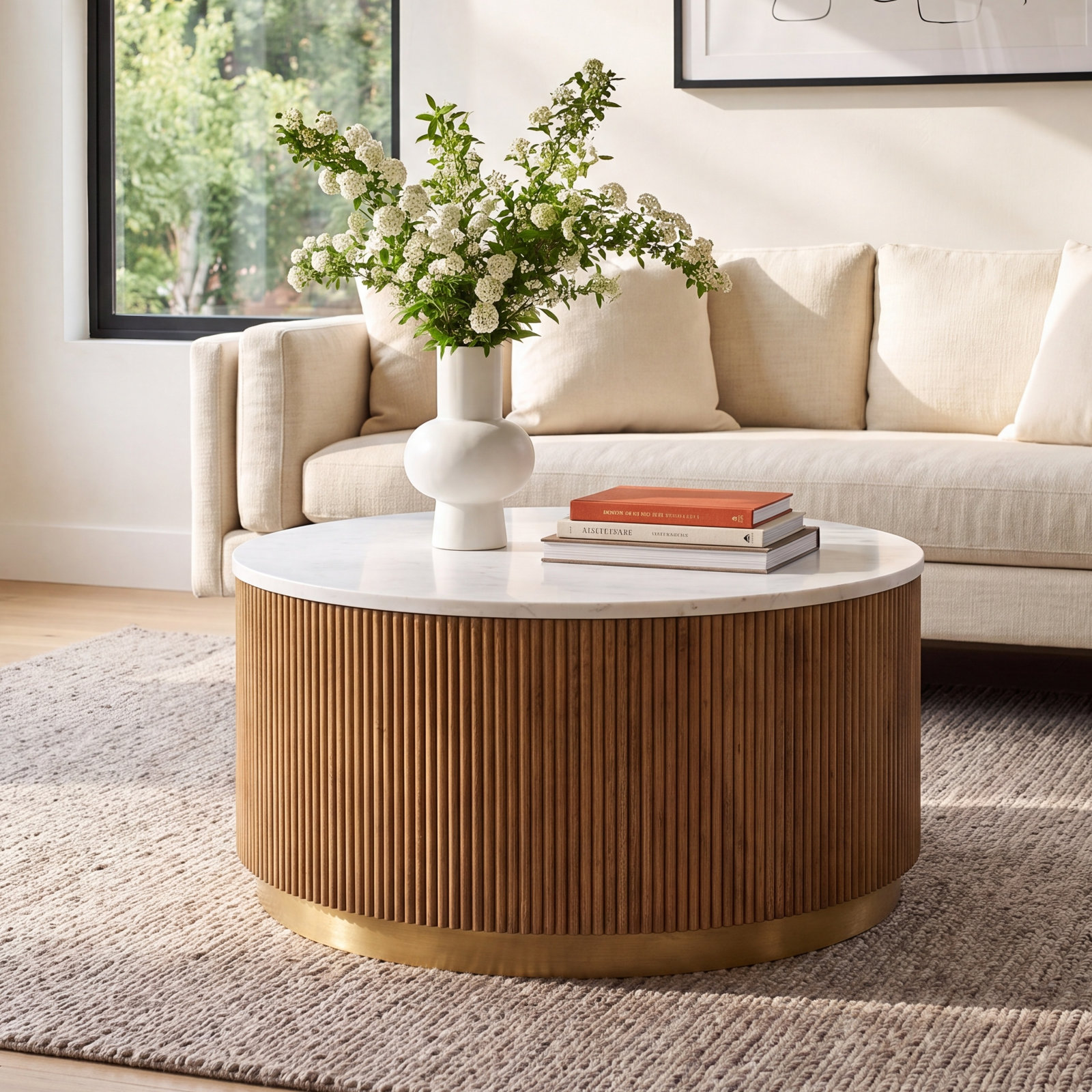 Rylee 36" Genuine Marble Coffee Table, White Top/Brown Base