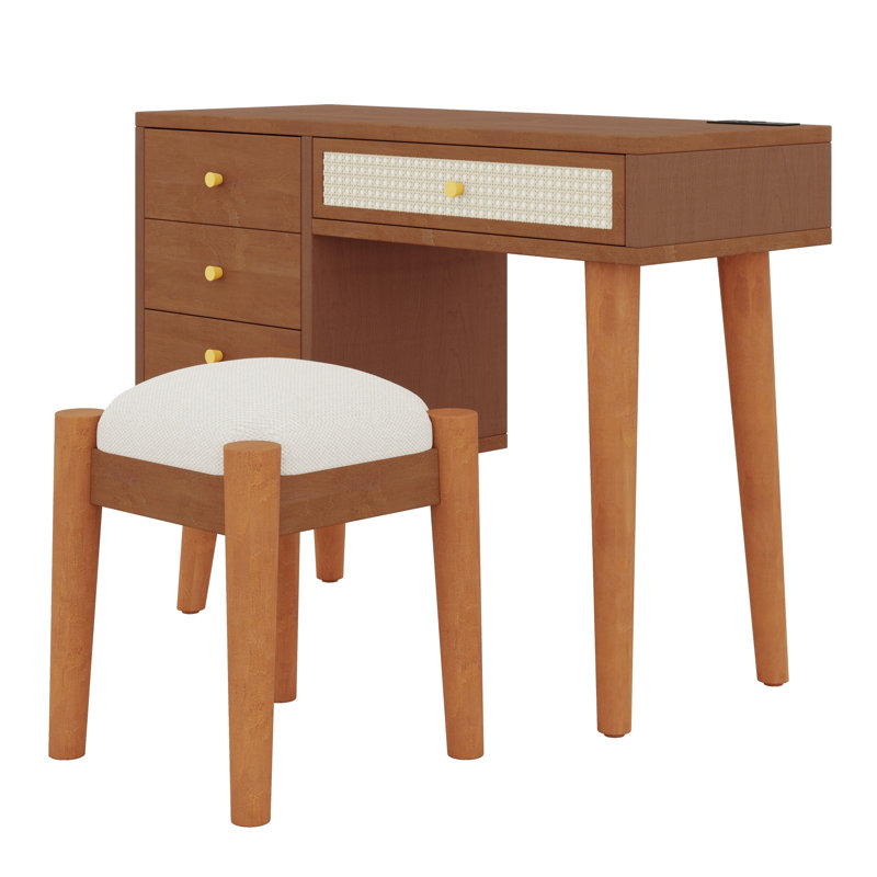 Ensemble de coiffeuse à maquillage en bois rétro avec prise de charge, port USB, tabouret, 3 tiroirs de rangement et 1 tiroir en rotin