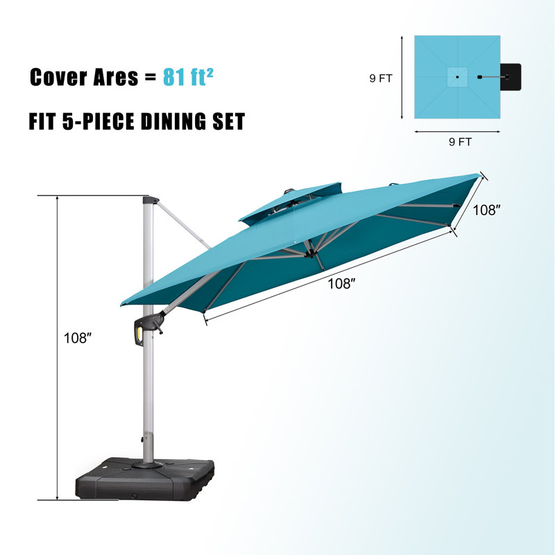 Parasol d'extérieur carré en porte-à-faux double de luxe 10 pi avec base, turquoise, Bleu turquoise