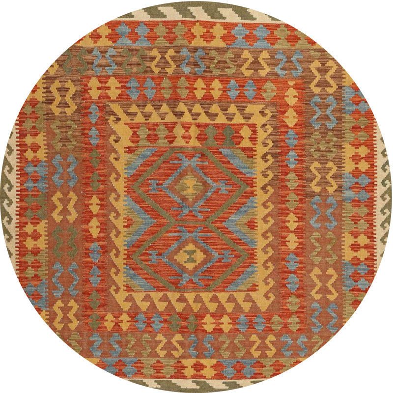 Tapis de zone orange/brun/bleu contemporaine Wenee, Rond 6 pi