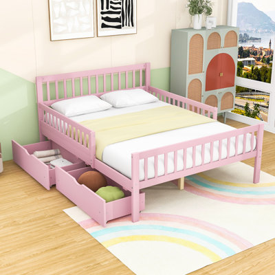 Wood Platform Bed with Guardrails and 2 Storage Drawers