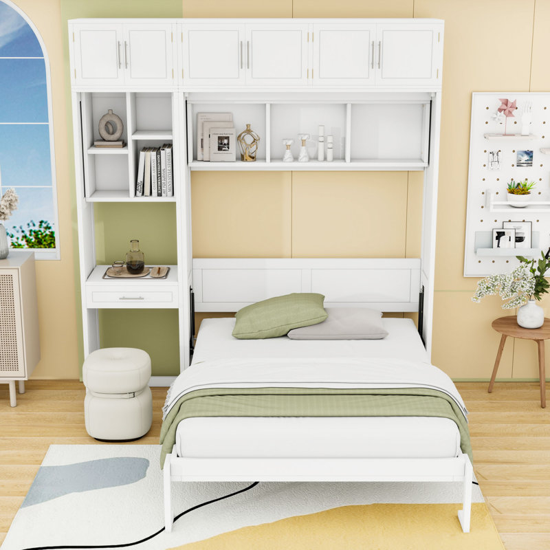 Lit escamotable avec bureau, armoire et tablettes Murphy, Double, White