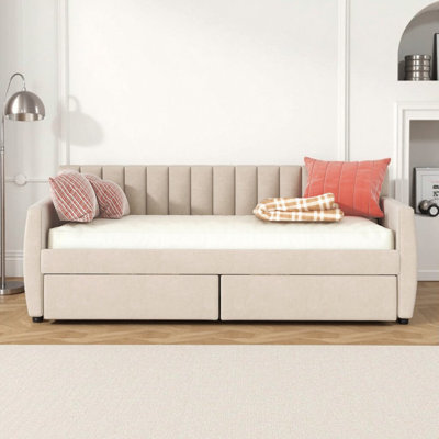 Beige Velvet Twin Daybed with Storage Drawers - Wood Slat Support, Elegant Upholstered Design