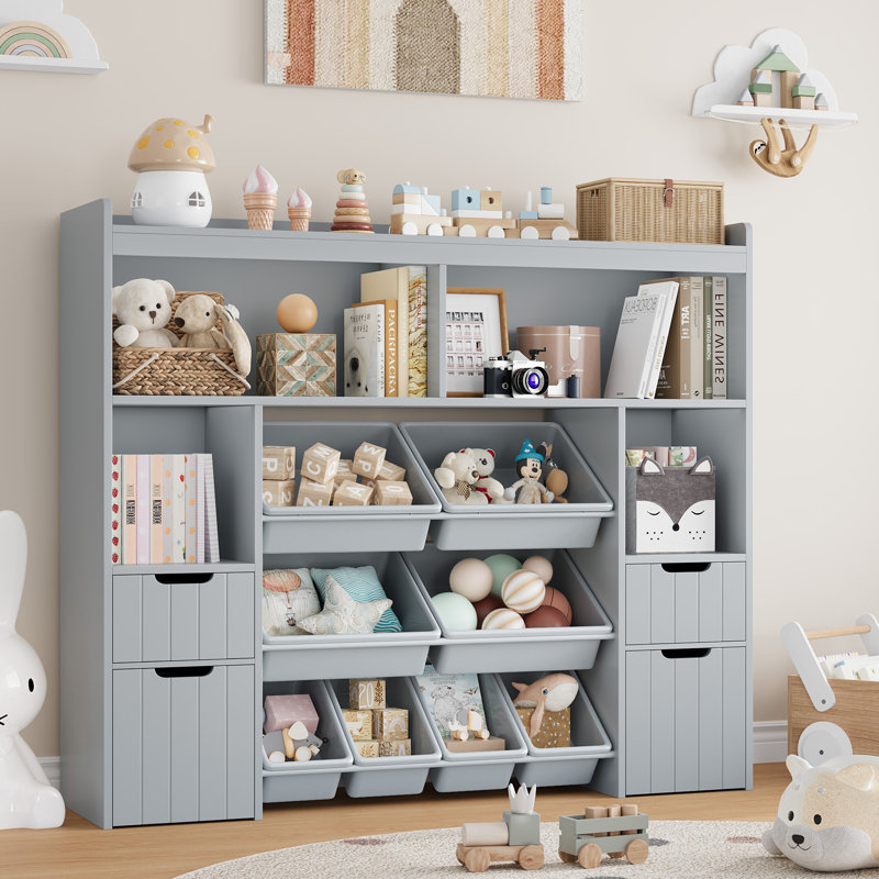 55.1"W Toy Storage Organizer With 4 Drawers & 8 Bins, Gray