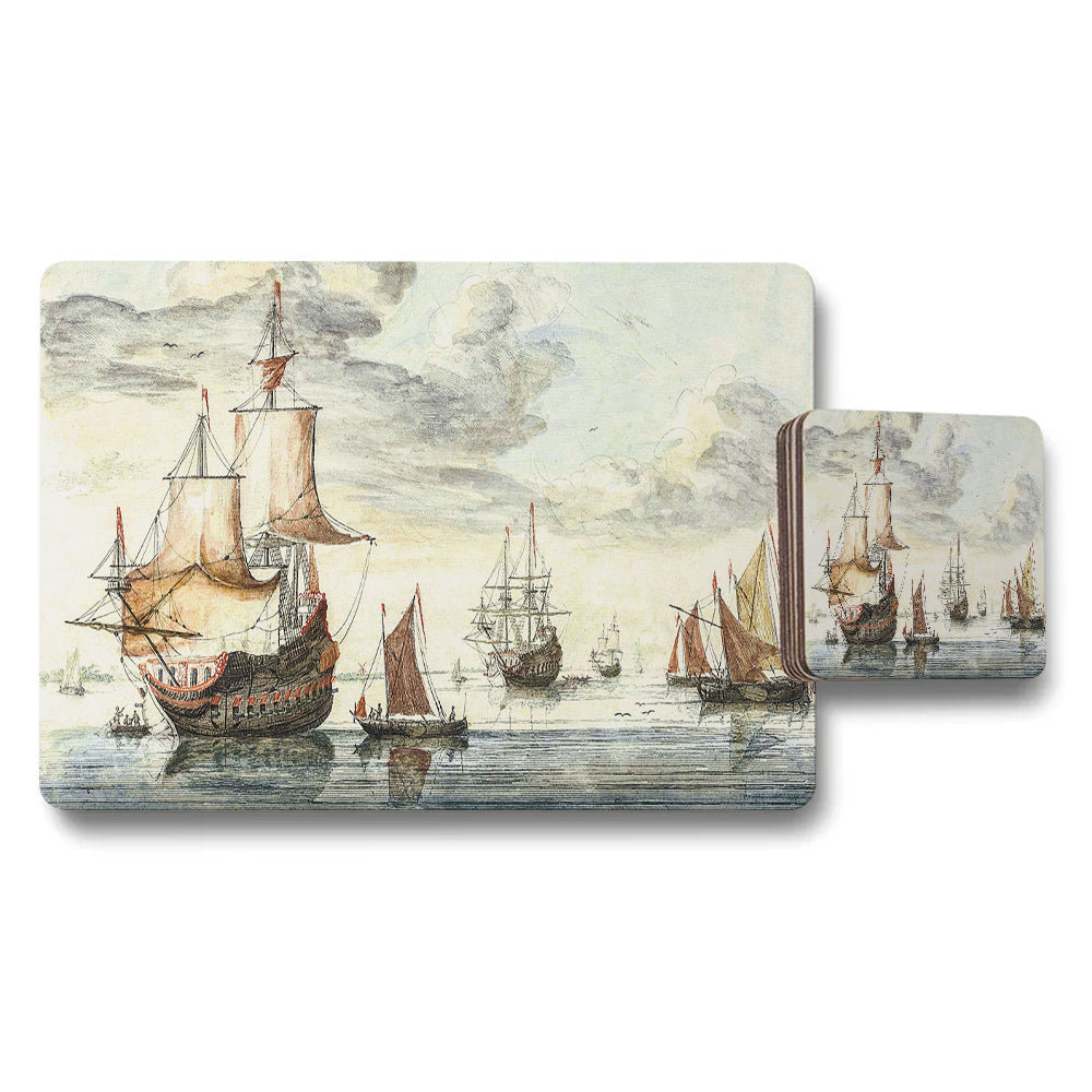 Vintage Sailing Ship Placemats And Coaster Set With Seascape Art