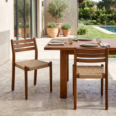 Set of 2 Bleta Brown Teakwood Indoor/Outdoor Dining Chair with Hand-Woven Seat and Slatted Back