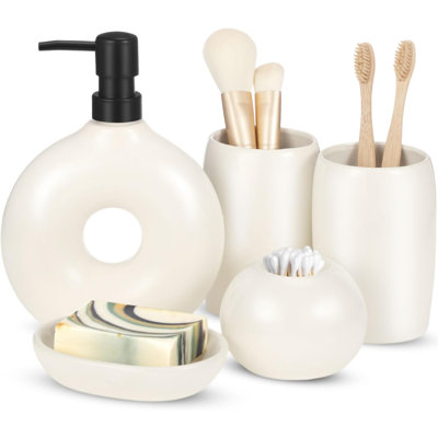 5 Pcs Ceramic Bathroom Accessories Set, Beige Counter Includes Soap Dispenser Toothbrush Cup Holder Soap Box cotton swab Holder Stylish Modern Bathroom Matte Glaze Decor