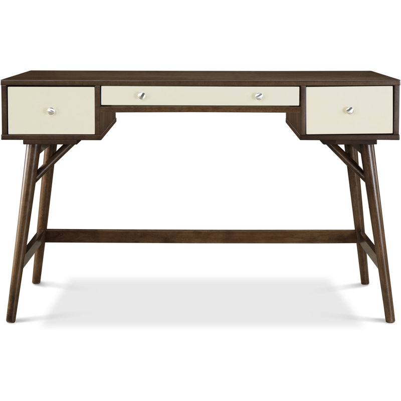 Medium Brown and White Rubberwood Writing Desk with Drawers