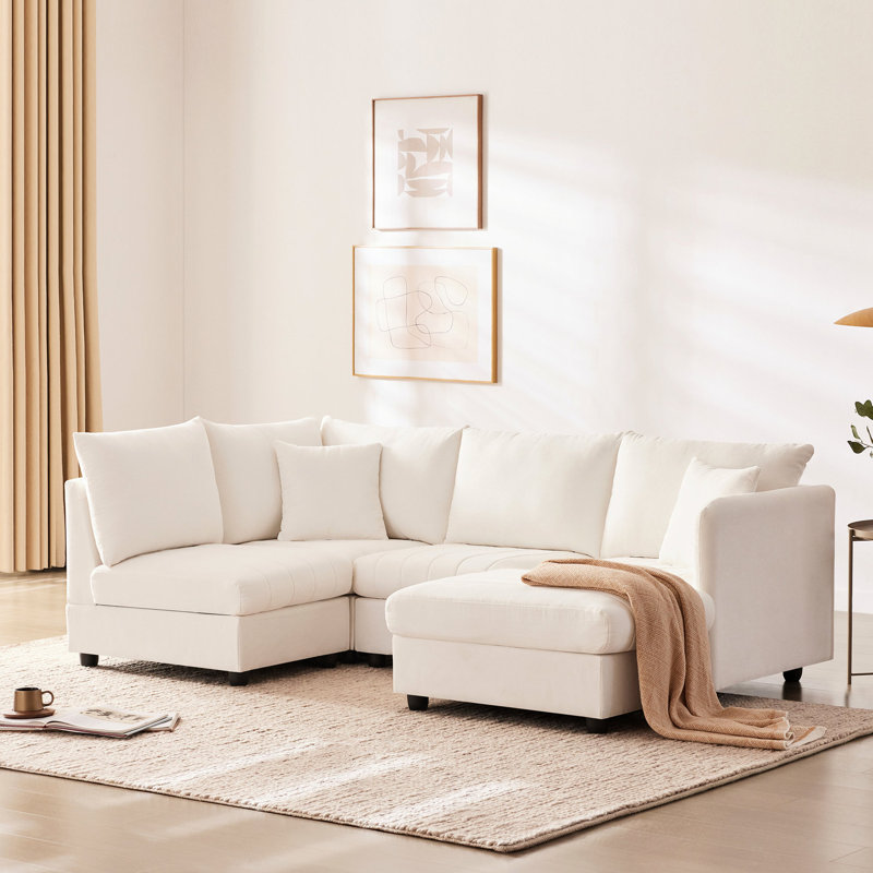 Comfy 5 sièges en forme de L avec des rayures verticales mobiles et un tissu robuste pour le salon, Chenille blanche