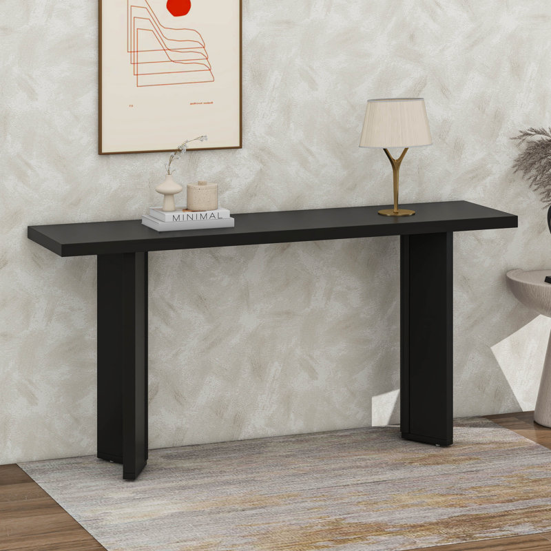 Stylish Console Table With Pine Veneer And Geometric Legs, Black