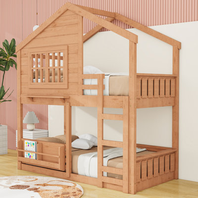 Wood House Bunk Bed with Play Space and Storage,Ladder