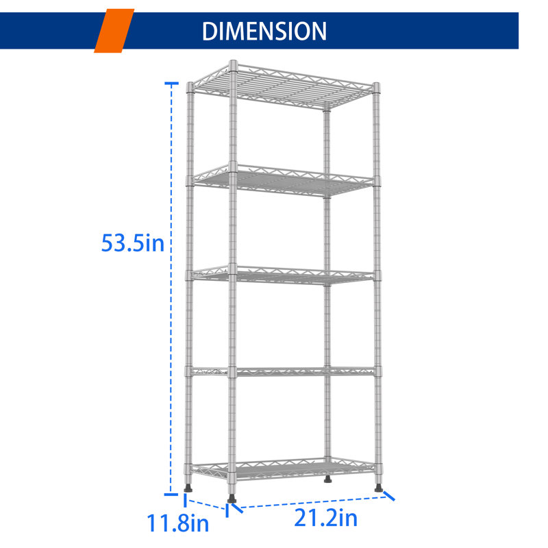 Tablettes métalliques réglables, étagères de rangement en métal, Argent argent, H 53,5 po x l 21,2 po x P 11,8 po