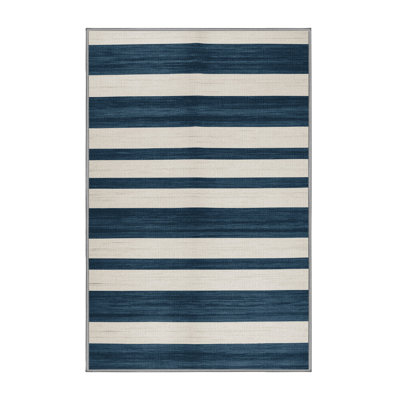Washable Slate Blue White Striped Area Rug