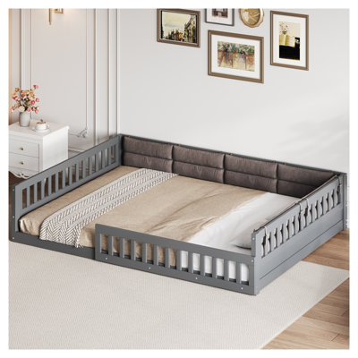 Gray Full Size Upholstered Platform Bed Frame with Safety Guardrails, Padded Headboard & Wood Slats - No Box Spring Needed