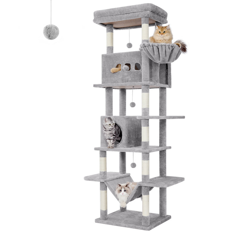Cat Tree for Indoor Cats, Large Tall Cat Tower, Multi-Level Cats House with Condo, 8 Scratching Posts, Hammock, 4 Pom Poms