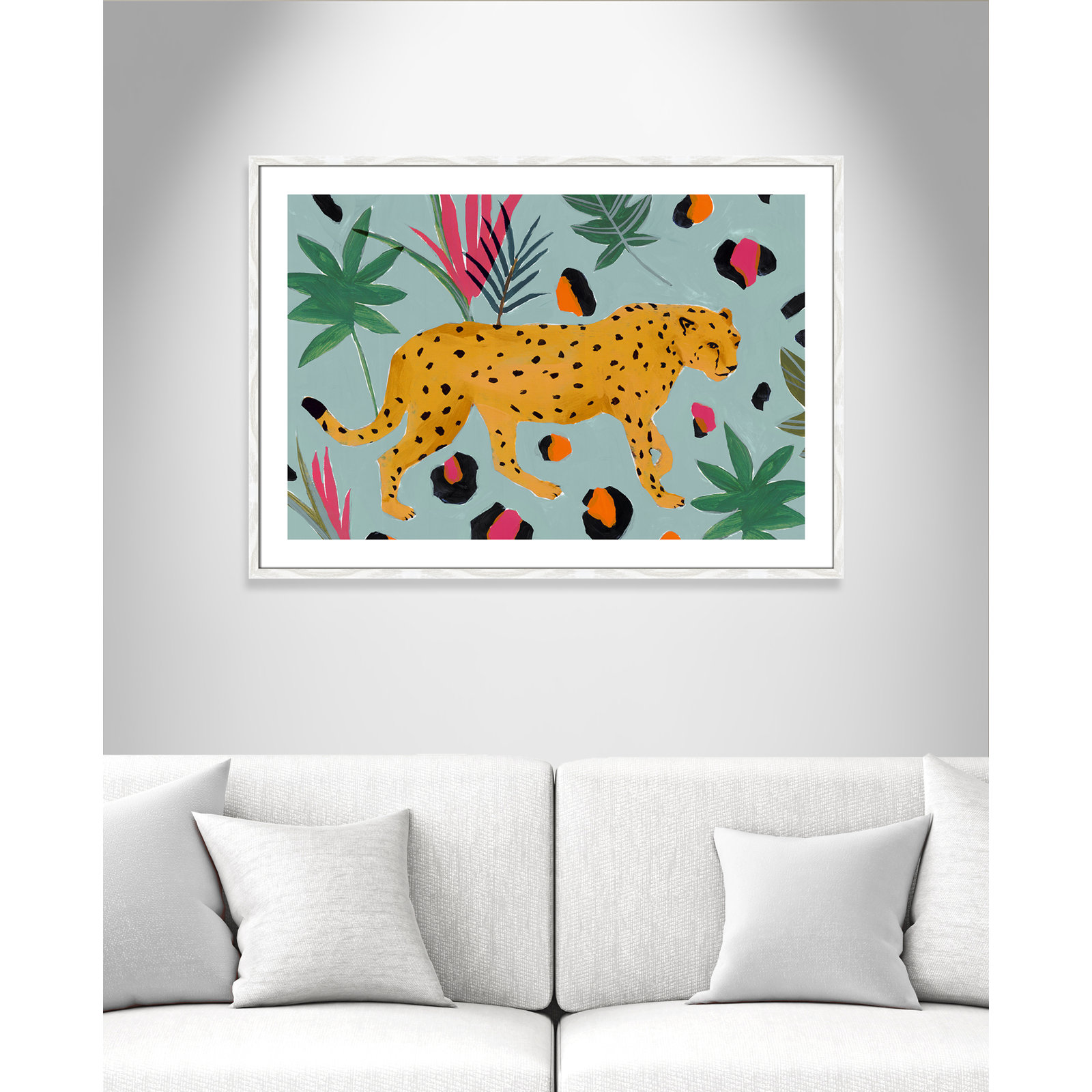 Nyles "Walking Cheetah II" Painting by Isabelle Z, 29.5" H x 41.5" W x 0.75" D, White Wood Framed Paper