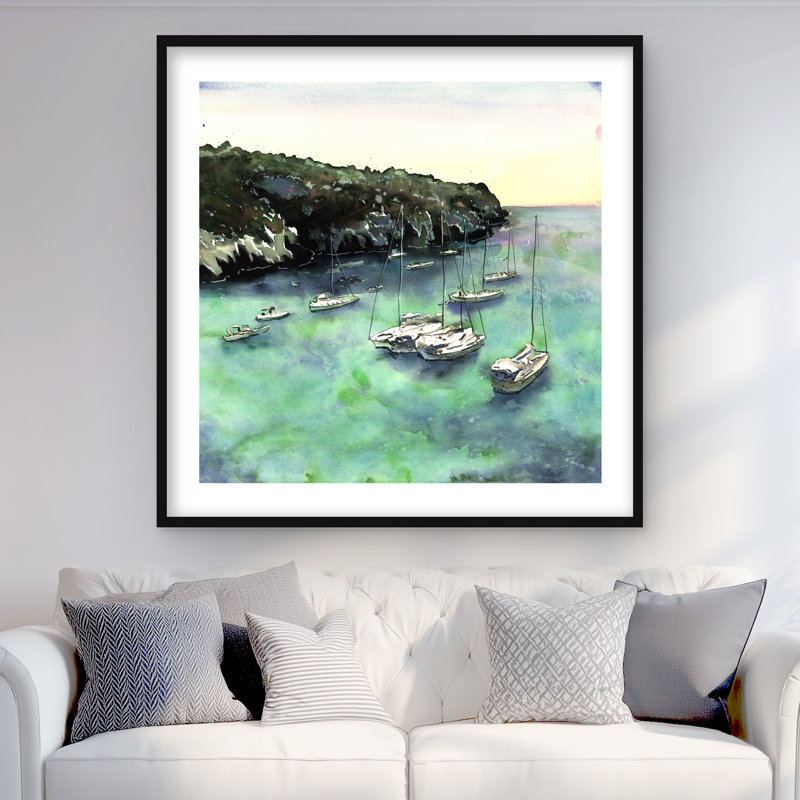 Bateaux à cala Macarella, impression encadrée de salle de bain côtière