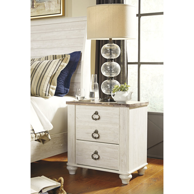 Whitewashed Coastal Charm 2-Drawer Nightstand with USB Ports
