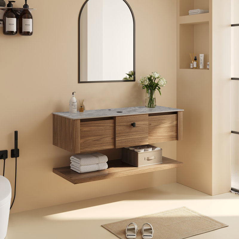 Base de meuble-lavabo simple 48 po seulement, plateau en pierre frittée grise, trois tiroirs et tablette flottante inférieure ouverte