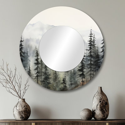 Pin, Misty Mountain II - grand miroir en pin, décor de miroir mural rond traditionnel