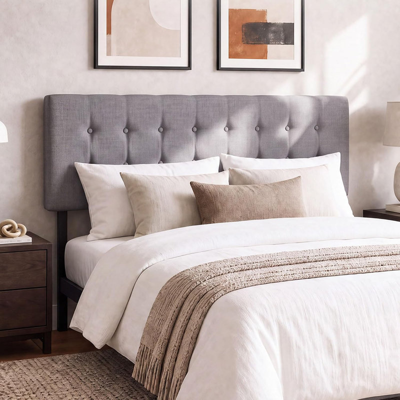 Tête de lit simple, pour lit double/queen, recouverte de lin gris, Grand gris clair