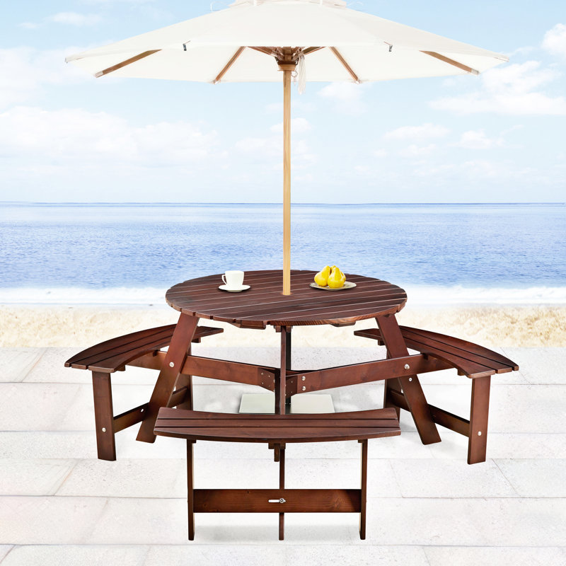 6 Person Picnic Table With Benches - Umbrella Hole, Weather , Brown, For Garden Use Round 3 Built-In Hole Smooth Edge Outdoor Dining