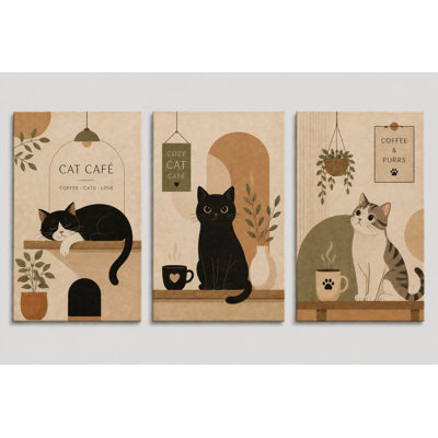 Grand ensemble de 3 reproductions d'art sur toile, chat mignon, chat mignon, impressions sur toile Boho Coffee Shop, cuisine, salon, impression sur toile 16 x 24 pouces - prête à être accrochée
