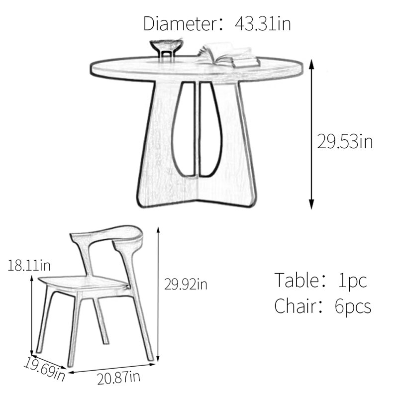 Round unique ash wood dining table set, 29.53"H x 43.31"L x 43.31"W
