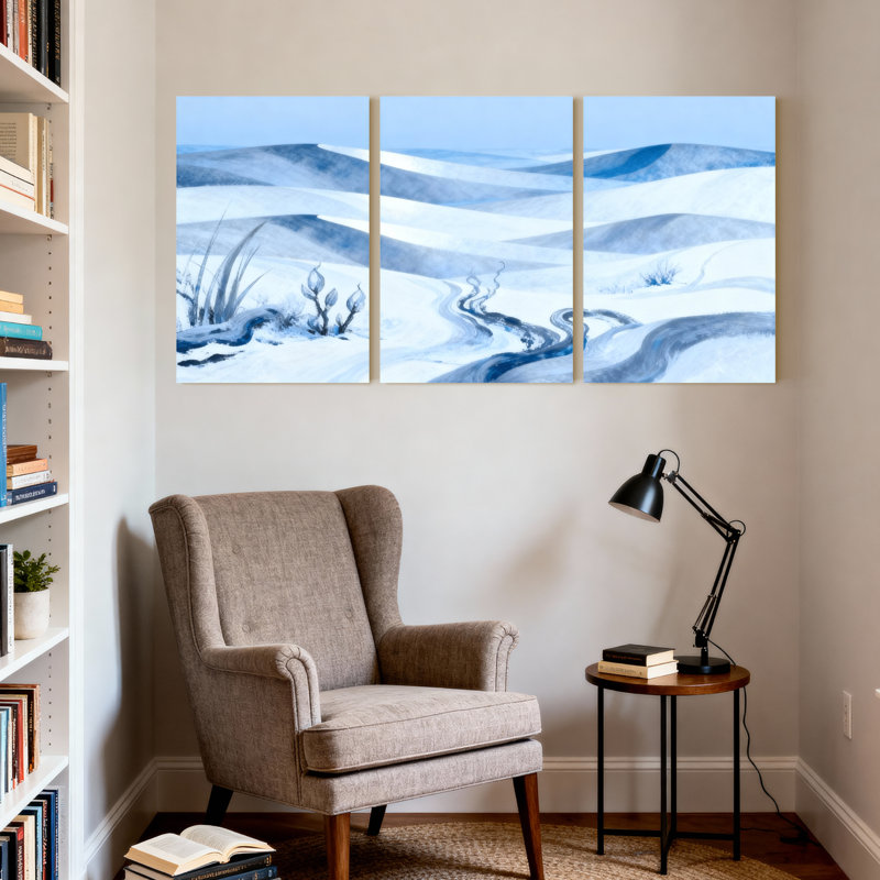 Scénario et paysages urbains paysage enneigé avec tons bleus et écoulement fluvial, ensemble de 3 impressions sur toile
